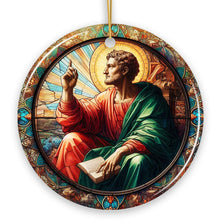 Carregar imagem no visualizador da galeria, Artistic Man With a Book in Renaissance Italy Painting Ornament, Stained Glass Themed Medieval Christmas Keepsake
