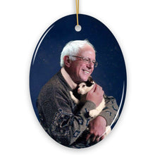 Load image into Gallery viewer, Bernie Sanders Ornament, Christmas Decoration Bernie Holding Cat
