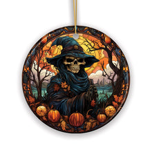 Cargar imagen en el visor de la galería, Bewitching Skeletal Sorcery Stained Glass Style Ceramic Ornament, Halloween Themed Christmas Gift and Decor
