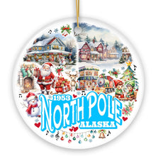 Cargar imagen en el visor de la galería, City of North Pole Alaska Artistic Christmas Ornament, Decorated Ceramic Souvenir with Santa and Elf Themes
