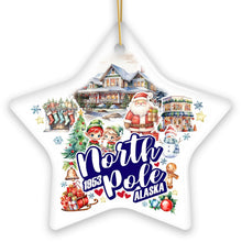 Cargar imagen en el visor de la galería, City of North Pole Alaska Artistic Christmas Ornament, Decorated Ceramic Souvenir with Santa and Elf Themes
