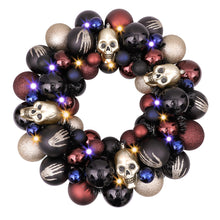 Load image into Gallery viewer, Creep and Glitter Spooky Wreath with Skeleton Skull Baubles, Black, Maroon and Gold Colors with Shiny Glitter

