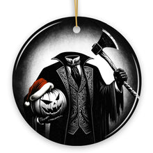 Load image into Gallery viewer, Creepy Headless Horseman And Pumpkin With Santa Hat Ornament, Horror Themed Christmas Decor for Halloween Tree
