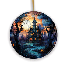 Load image into Gallery viewer, Dark and Gloomy Haunted House Stained Glass Style Ceramic Ornament, Halloween Themed Christmas Gift and Decor
