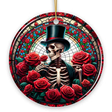 Load image into Gallery viewer, Elegant Bones Top-Hat Skeleton with Roses Stained Glass Style Ceramic Ornament, Halloween Themed Christmas Gift and Decor
