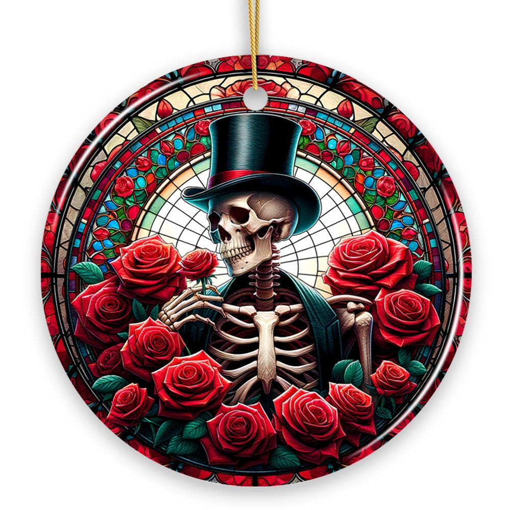 Elegant Bones Top-Hat Skeleton with Roses Stained Glass Style Ceramic Ornament, Halloween Themed Christmas Gift and Decor