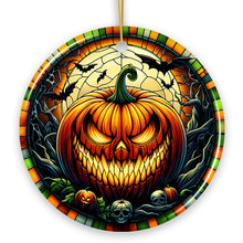 Carregar imagem no visualizador da galeria, Grim Grinning Gourd Pumpkin Decor Stained Glass Style Ceramic Ornament, Halloween Themed Christmas Gift
