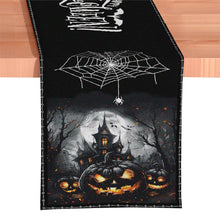 Carregar imagem no visualizador da galeria, Haunted Horrors 72&quot; Table Runner, Jacquard Halloween Home Black Tablecloth Decoration with Pumpkins and Spiderwebs
