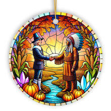 Load image into Gallery viewer, Pilgrim and Native American Chief Harmonious Unity Ornament, Vibrant Harvest Celebration Keepsake
