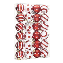 Carregar imagem no visualizador da galeria, Polka Dot and Candycane Color Style Ornament Ball Bundle, Set of 24 Red and White Patterned Christmas Baubles

