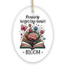 Carregar imagem no visualizador da galeria, Reading Helps the Brain Bloom Unique Handcrafted Ornament, Booklover Gift with Flowers and Butterflies Art
