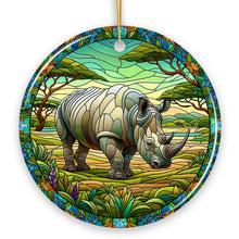 Carregar imagem no visualizador da galeria, Rhinoceros Realm Expedition Stained Glass Style Ceramic Ornament, African Animals Christmas Gift and Decor
