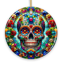 Load image into Gallery viewer, Sugar Skull Stained Glass Themed Ceramic Ornament, Day of the Dead Mexican Christmas Gift
