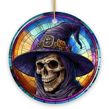Load image into Gallery viewer, Witchy Grin Skull with Hat and Scarf Stained Glass Style Ceramic Ornament, Halloween Themed Christmas Gift and Decor
