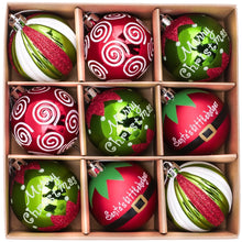 Load image into Gallery viewer, Elf Theme Christmas Ornament Set, 9 Baubles Green and Red
