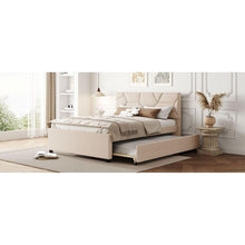 Carregar imagem no visualizador da galeria, Full Size Upholstered Platform Bed with Brick Pattern Headboard and Twin Size Trundle, Linen Fabric, Beige
