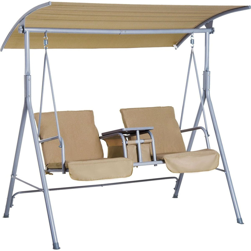 2 Person Porch Swing with Stand, Outdoor Swing with Canopy, Pivot Storage Table, 2 Cup Holders, Cushions for Patio, Backyard, Beige