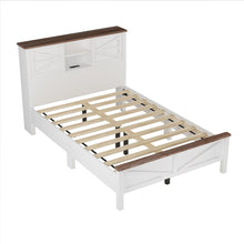 Load image into Gallery viewer, 3-Pieces Bedroom Sets Full Size Farmhouse Platform Bed with Double Sliding Door Storage Headboard and Charging Station, Storage Nightstand and Dresser, White+Brown
