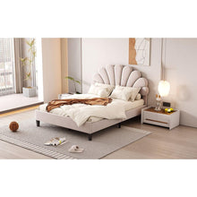 Load image into Gallery viewer, Full Size Upholstered Platform Bed with Flower Pattern Velvet Headboard, Beige
