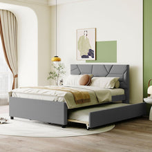 Carregar imagem no visualizador da galeria, Full Size Upholstered Platform Bed with Brick Pattern Headboard and Twin Size Trundle, Linen Fabric, Gray
