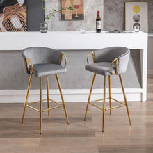 Carregar imagem no visualizador da galeria, 26 Inch Set of 2 Bar Stools, with Chrome Footrest and Base Velvet + Golden Leg Simple Bar Stool, GRAY
