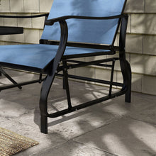 Carregar imagem no visualizador da galeria, 3-Piece Outdoor Gliders Set Bistro Set with Steel Frame, Tempered Glass Top Table for Patio, Garden, Backyard, Lawn, Light Blue
