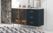 Load image into Gallery viewer, Modern Sideboard MDF Buffet Cabinet Marble Sticker Tabletop and Amber-yellow Tempered Glass Doors with Gold Metal Legs &amp; Handles (Navy Blue)
