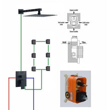 Carregar imagem no visualizador da galeria, 8 inch matte black rain shower system 2 way rough in valve with trim and 6 body jets
