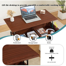 Load image into Gallery viewer, Metal coffee table,desk,with a lifting table,and hidden storage space.There were two removable wicker baskets that could be placed in any space such as the living room,color:brownwith solid wood grain
