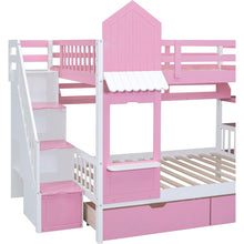 Carregar imagem no visualizador da galeria, Full-Over-Full Castle Style Bunk Bed with 2 Drawers 3 Shelves and Slide - Pink
