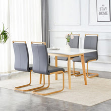 Load image into Gallery viewer, White stone burning tabletop with rubber wooden legs, foldable computer desk, foldable office desk, Modern PU leather high back cushion side chair with wood grain metal legs.
