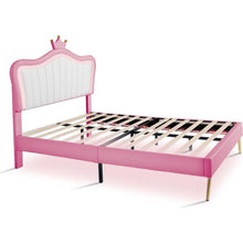 Cargar imagen en el visor de la galería, Full Size Upholstered Bed Frame with LED Lights,Modern Upholstered Princess Bed With Crown Headboard,White+Pink
