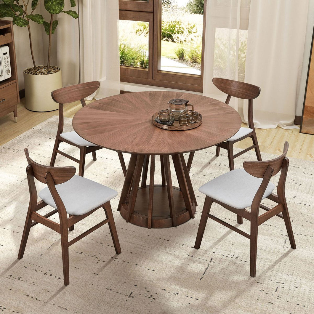 (1 Table+4 Chairs)Modern Dining Table Set of 5 pcs,Wooden Dining Table and Upholstered Chairs for Living Room,Round Kitchen Set with Sturdy Legs for Restaurant,Walnut