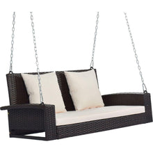 Load image into Gallery viewer, 2-Person Wicker Hanging Porch Swing with Chains, Cushion, Pillow, Rattan Swing Bench for Garden, Backyard, Pond. (Brown Wicker, Beige Cushion)
