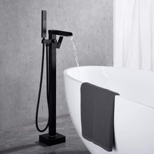 Cargar imagen en el visor de la galería, Bathroom Freestanding Waterfall Tub filler Matte Black Floor Mount Faucet with Hand Shower
