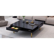 Carregar imagem no visualizador da galeria, Exquisite High Gloss Coffee Table with 4 Golden Legs and 2 Small Drawers, 2-Tier Square Center Table for Living Room, Black
