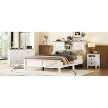 Carregar imagem no visualizador da galeria, 3-Pieces Bedroom Sets Queen Size Farmhouse Platform Bed with Double Sliding Door Storage Headboard, Storage Nightstand and Dresser, White+Brown
