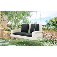 Cargar imagen en el visor de la galería, 2-Person Wicker Hanging Porch Swing with Chains, Cushion, Pillow, Rattan Swing Bench for Garden, Backyard, Pond. (White Wicker, Gray Cushion)
