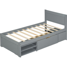 Load image into Gallery viewer, Twin Size Platform Bed With Drawer And Two Shelves, Gray
