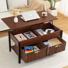Load image into Gallery viewer, Metal coffee table,desk,with a lifting table,and hidden storage space.There were two removable wicker baskets that could be placed in any space such as the living room,color:brownwith solid wood grain
