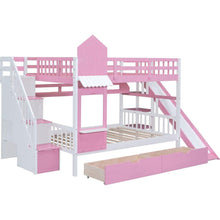 Carregar imagem no visualizador da galeria, Full-Over-Full Castle Style Bunk Bed with 2 Drawers 3 Shelves and Slide - Pink
