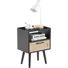 Load image into Gallery viewer, 15.75&quot; Rattan End table with Power Outlet &amp; USB Ports, Modern nightstand with drawer and solid wood legs, side table for living roon, bedroom, black
