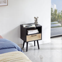 Load image into Gallery viewer, 15.75&quot; Rattan End table with Power Outlet &amp; USB Ports, Modern nightstand with drawer and solid wood legs, side table for living roon, bedroom, black

