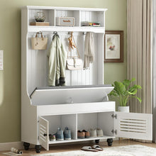 Load image into Gallery viewer, 5-in-1 Entryway Bench with Shutter-shaped doors, Coat Rack, Cushion and 4 Sturdy Hooks, 47.2&quot; Wide Hall Tree with Storage Bench for Hallway, Entryway, Living Room
