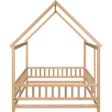 Load image into Gallery viewer, Full Size Floor Wooden Bed with House Roof Frame, Fence Guardrails, Natural
