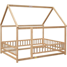 Load image into Gallery viewer, Full Size Floor Wooden Bed with House Roof Frame, Fence Guardrails, Natural

