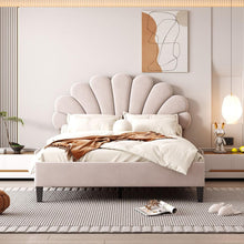Load image into Gallery viewer, Full Size Upholstered Platform Bed with Flower Pattern Velvet Headboard, Beige

