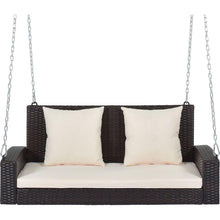 Load image into Gallery viewer, 2-Person Wicker Hanging Porch Swing with Chains, Cushion, Pillow, Rattan Swing Bench for Garden, Backyard, Pond. (Brown Wicker, Beige Cushion)
