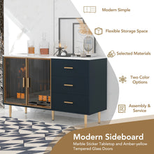 Load image into Gallery viewer, Modern Sideboard MDF Buffet Cabinet Marble Sticker Tabletop and Amber-yellow Tempered Glass Doors with Gold Metal Legs &amp; Handles (Navy Blue)
