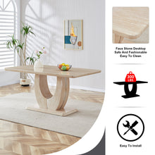 Load image into Gallery viewer, Table and chair set.Modern minimalist luxury MDF rectangular dining table with light yellow textured stickers on the table, 6 PU synthetic leather high backrest soft cushioned side chairs.
